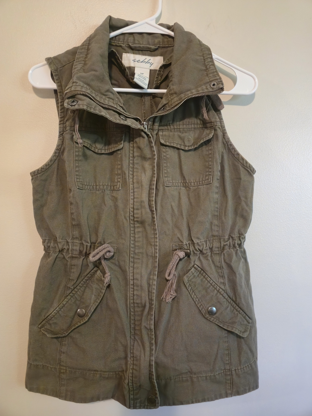 Sebby Olive Utility Vest Jacket - Sleeveless Drawstring Waist